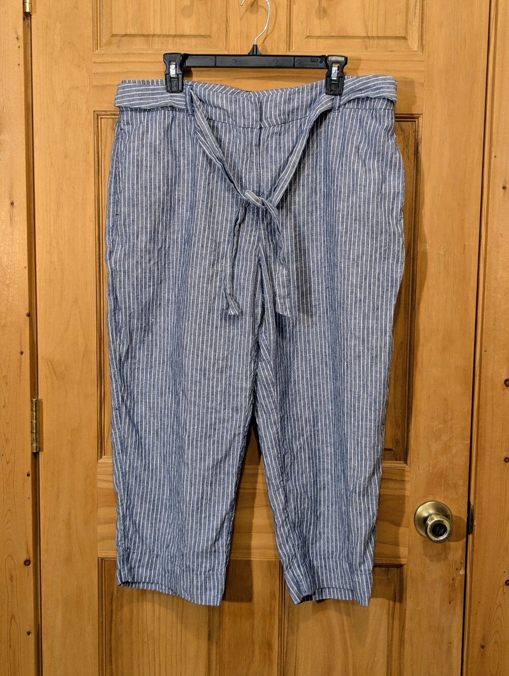 Chicos Pants Linen Cropped Wide Leg Tie Waist Sz 2/LG Blue White Stripe Summer